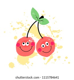 Cartoon cherry with funny faces with paint stain background. Vector illustration.