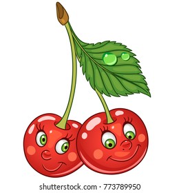 Cartoon Cherry. Happy Fruit and Berry symbol. Eco Food icon. Emoji expression. Design element for kids coloring book, colouring page, t-shirt print, logo, label, patch or sticker.