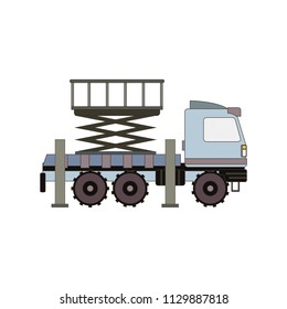 Cartoon Cherry Picker Truck Icon. Boom Lift Car Drive Platform. Vector Boomlift