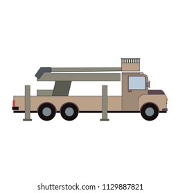 Cartoon Cherry Picker Truck Icon. Boom Lift Car Drive Platform. Vector Boomlift