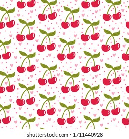 La cereza de caricatura es un patrón impecable con corazones y puntos. Fondo de frutas. Papel envuelto, textil, tapa, tarjeta infinita. Ilustración vectorial. 