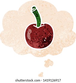 cereza de caricatura con burbuja de pensamiento en un estilo retro angustiado y con textura estrafalaria