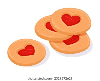 Cartoon cherry thumbprint cookies. Heart jam cookies with drop of jam. Heart linzer cookies for Valentine's day flat vector illustration