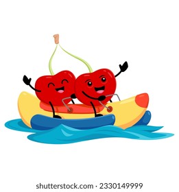 Cartoon cherry twins riding water banana boat. Funny vector berry sportsmen characters on summertime vacation. Personages sitting on boat express cheerful emotions. Summer holiday activity, recreation