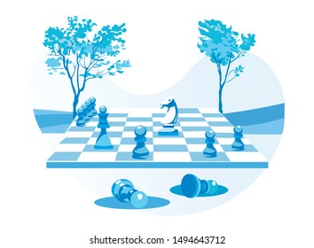 Cartoon Chess Board with Chessmen over Flat Natural Backdrop. Searching Strategic Position. Choosing Business Tactic for Long Term Successful Plan or Goal. Logic Game Strategy. Vector Illustration