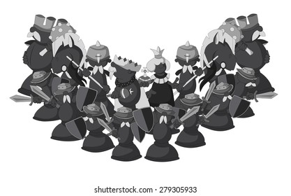 Cartoon chess set, full black team. Cartoon hand drawn chess characters.