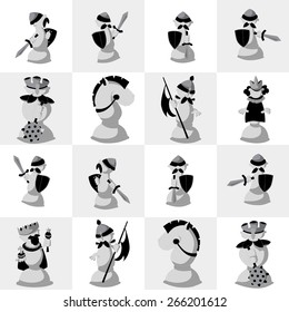 Cartoon chess set, full white team. Cartoon hand drawn chess characters in black and white on a chessboard.