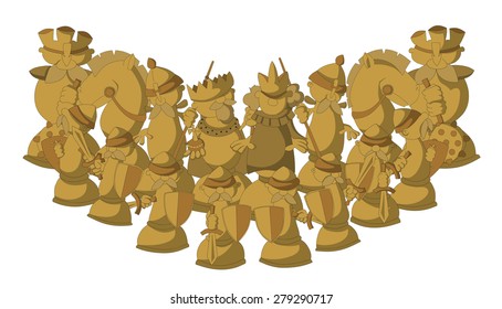 Cartoon chess set, full white team. Cartoon hand drawn chess characters.