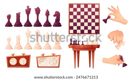Cartoon Chess Set. Chess pieces, king, queen, rook, bishop, knight and pawn. Chess board side view, top view. Vector elements