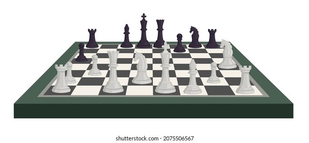 Cartoon chessboard with chess pieces, strategy game tournament. Chessmen figures on black white checkered board. Logical game vector concept. Championship with different figures, leisure activity