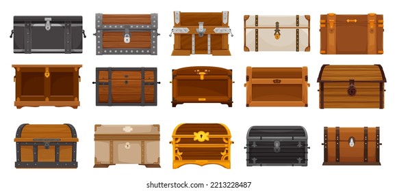 Cartoon chest boxes, wooden treasure trunks isolated set. Ancient royal or pirate coffers ui game vector asset with loot, gem stones, golden coins and treasury. Decorated cases made of wood and metal