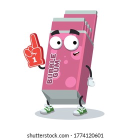 cartoon Chewing Bubble Gum in Pink Pack character mascot with the number 1 one sports fan hand glove on a white background