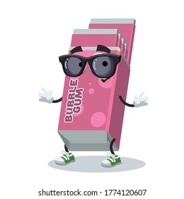 cartoon Chewing Bubble Gum in Pink Pack character mascot in black sunglasses on a white background