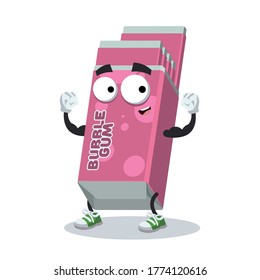 cartoon Chewing Bubble Gum in Pink Pack mascot shows its strength on a white background