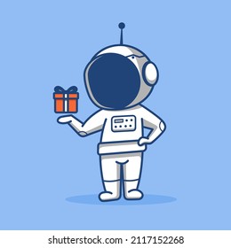 cartoon chibi astronaut holding a gift in hand
