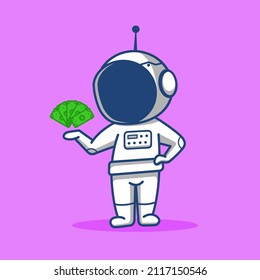 cartoon chibi astronaut holding a lot of money in his hands