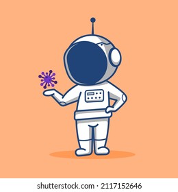 cartoon chibi astronaut holding a virus in hand