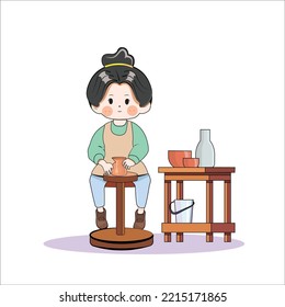 Cartoon Chibi Character girl making pottery clay on isolated white background.