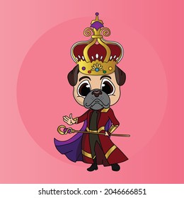 cartoon chibi dog king character with scepter, cloak and crown