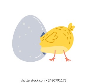 Cartoon chick character hatching from the egg. Isolated vector darling, newborn chickling baby bird personage playfully emerges from a cracked eggshell, featuring heartwarming scene of new life born