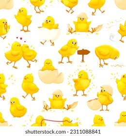 Cartoon chick characters seamless pattern. Cute yellow baby chicken personages with egg shells, worms and cereal grains, vector background. Funny little chicks pattern, Easter backdrop or tile