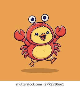 A cartoon chick dressed as a crab with big eyes and claws, happily jumping in the air.