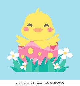 Cartoon chick with Easter eggs in the grass and Easter egg search activity with children.