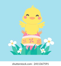 Cartoon chick with Easter eggs in the grass and Easter egg search activity with children.