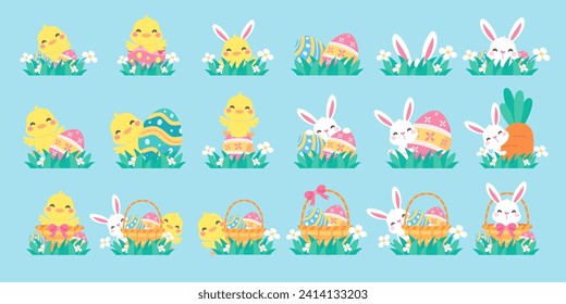 Cartoon chick with Easter eggs in the grass and Easter egg search activity with children.