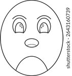 Cartoon chick face with a surprised expression in black and white line art style. Perfect for educational worksheets, kids' printables, sticker sets, character builder kits, and coloring pages.
