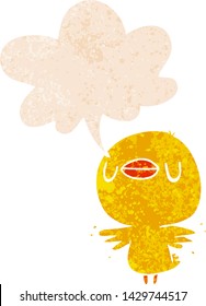 cartoon chick flapping wings with speech bubble in grunge distressed retro textured style