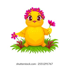 Cartoon chick funny character sitting on grass with flowers. Easter holiday baby hen cute personage, spring newborn bird or farm little chicken happy vector character. Easter holiday funny mascot