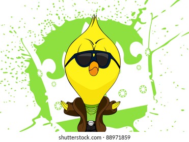 Cartoon chick in fur coat on white background