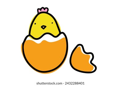 Cartoon chick hatching from egg. Hand drawn baby bird illustration. Easter and springtime concept for children books and print. Chick simple line drawing.