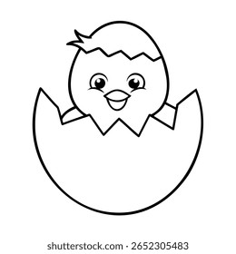 Filhote de desenhos animados de casca de ovo com rosto sorridente contorno simples na primavera da Páscoa