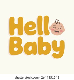 Cartoon Chick com "Hello Baby" Texto em Nuvens - Ilustração Vetorial para Chá de Bebê ou Cartão
