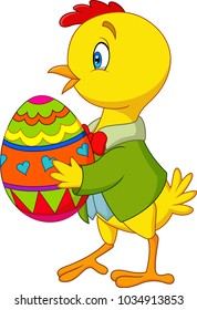 Cartoon chick holding a decorated Easter egg