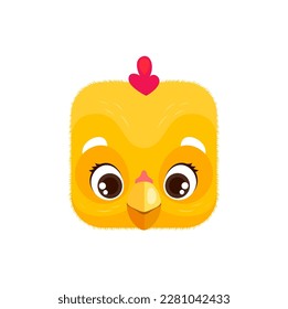 Cartoon chick kawaii square animal face. Cute chickling isolated vector farm or Easter chicken baby bird character portrait. Cube shape chuck head, app button, icon, graphic design element