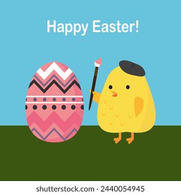 Cartoon chick painting easter egg. Happy Easter. Vector illustration 