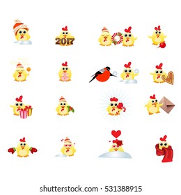 cartoon chick in a set of events. Christmas chicken. The year of the rooster.