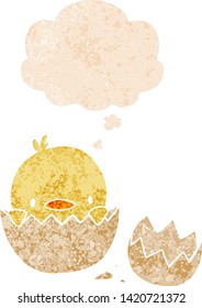 cartoon chick with thought bubble in grunge distressed retro textured style
