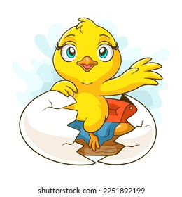 Cartoon chick waking up in an egg on a white background