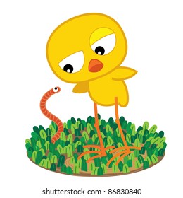 Cartoon chick with worm on meadow