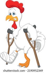 cartoon chicken broken leg and using crutches