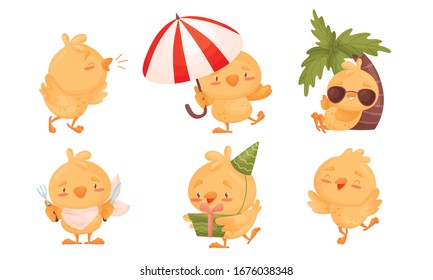 Cartoon Chicken Character Sitting Under Palm Tree and Holding Beach Umbrella Vector Set