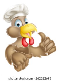 A cartoon chicken character wearing a chef hat and giving a thumbs up