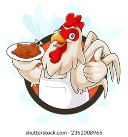 Cartoon chicken chef carrying grilled chicken