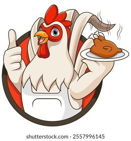 Cartoon chicken chef carrying grilled chicken