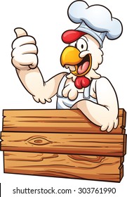 Cartoon chicken chef with a wooden sign. Vector clip art illustration with simple gradients. All in a single layer.