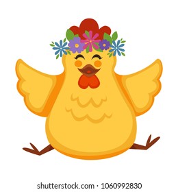Cartoon chicken chick vector funny character with flowers circlet wreath